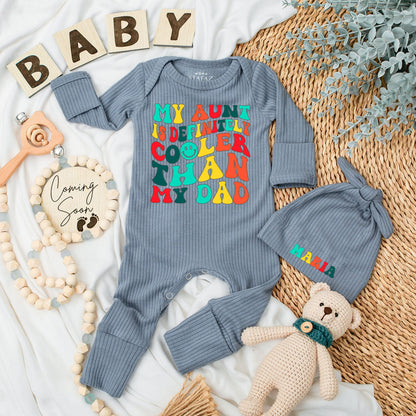My Aunt Is Cooler Than My Dad Baby Bodysuit and Hat Set Soft Cotton Long Sleeve Newborn Romper Vintage Style Baby Shower Gift Coming Home Outfit
