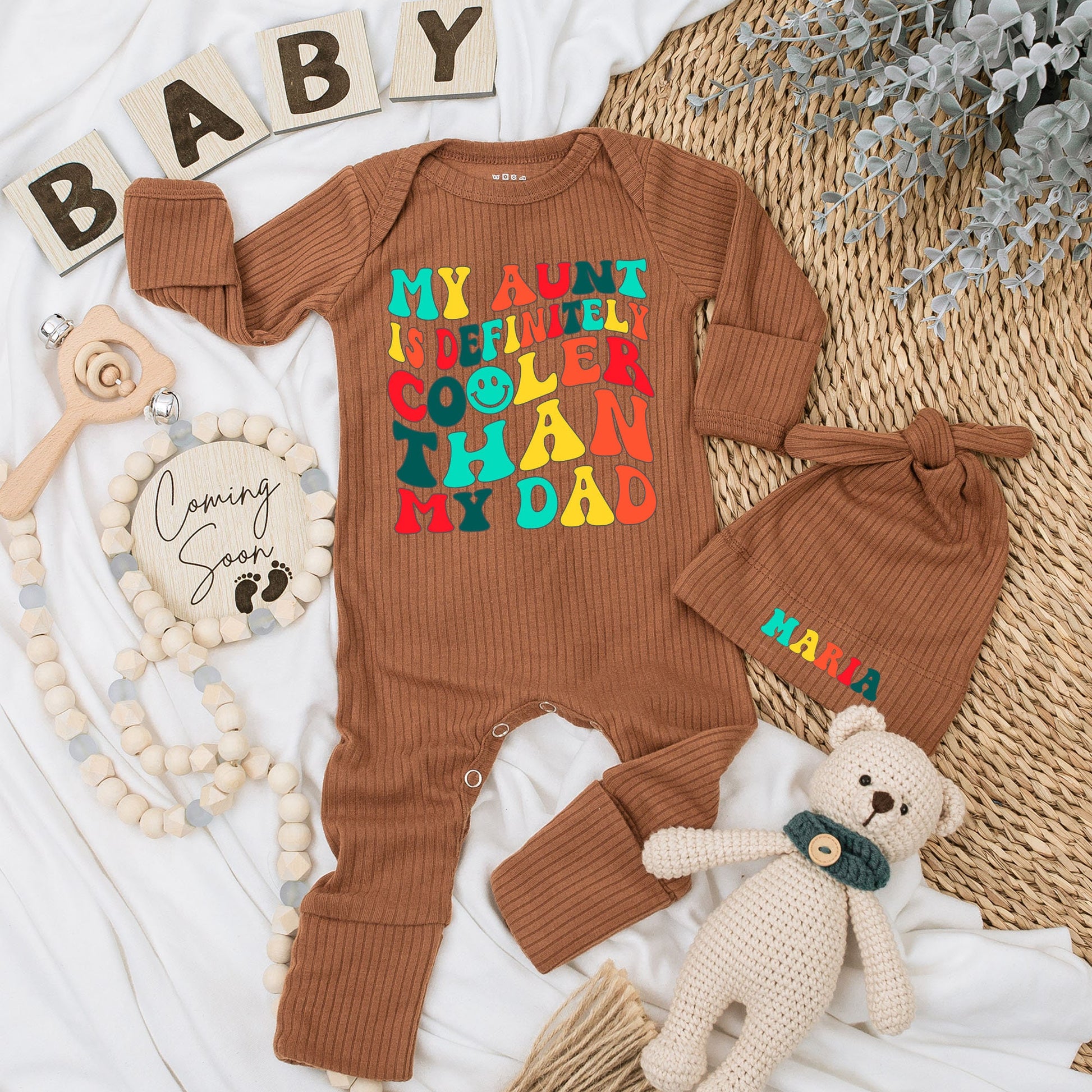 My Aunt Is Cooler Than My Dad Baby Bodysuit and Hat Set Soft Cotton Long Sleeve Newborn Romper Vintage Style Baby Shower Gift Coming Home Outfit