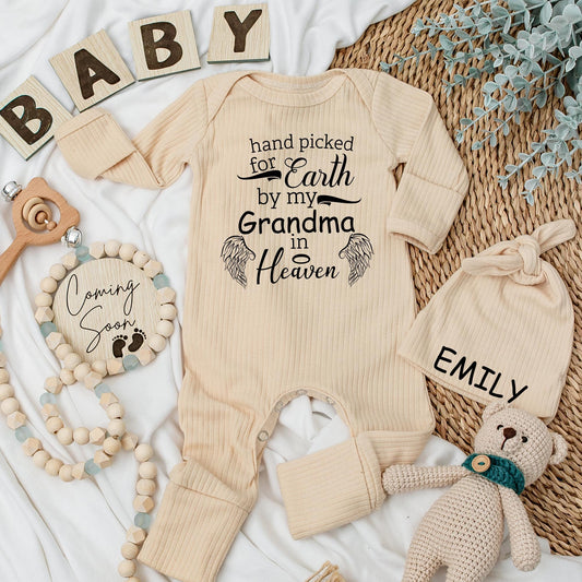 Sweet Sentimental Grandma in Heaven Hand Picked Baby Bodysuit Pregnancy Announcement Gift Newborn Baby Clothes Soft Cotton Angel Wings Design