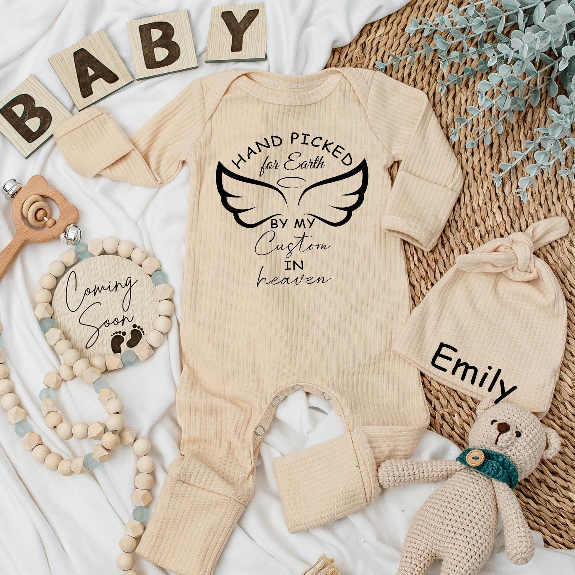 Hand Picked for Earth by Great Grandpa Grandma in Heaven Baby Bodysuit, Newborn Baby Shower Gift Pregnancy Announcement Reveal Soft Infant Clothes Angel Wings Halo Design