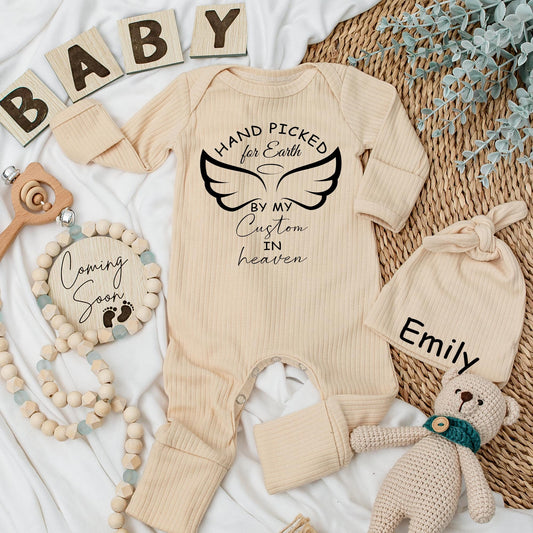 Hand Picked for Earth by Great Grandpa Grandma in Heaven Baby Bodysuit, Newborn Baby Shower Gift Pregnancy Announcement Reveal Soft Infant Clothes Angel Wings Halo Design