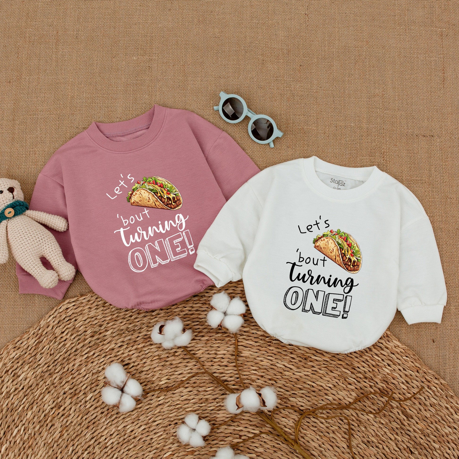 Baby Girl First Birthday Taco Bodysuit Fiesta Romper Let's Taco 'bout Turning ONE My First Fiesta Celebration Outfit with Playful Colorful Illustrations