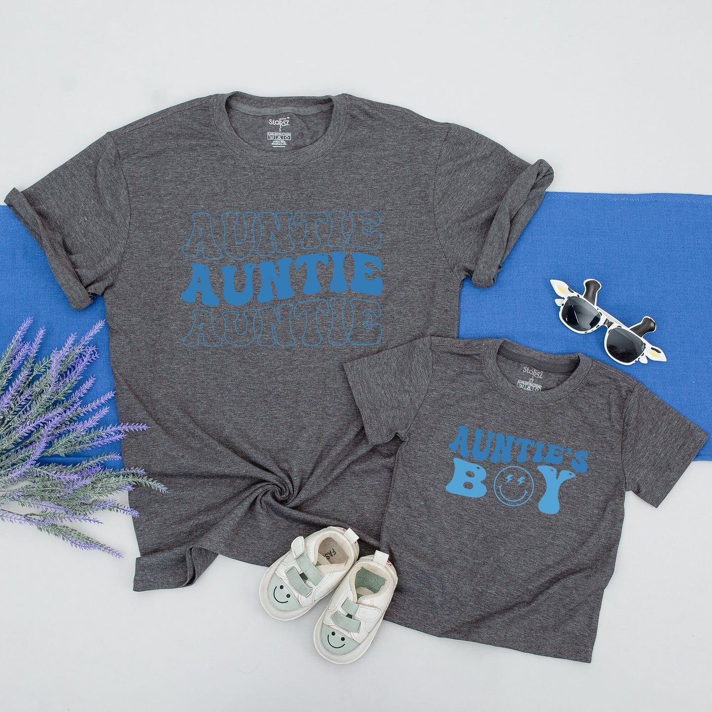 Personalized Matching Auntie and Auntie's Boy Shirts Blue Bubbly Retro Style Nephew Toddler Gift Outfit with Playful Smiley Lightning Design