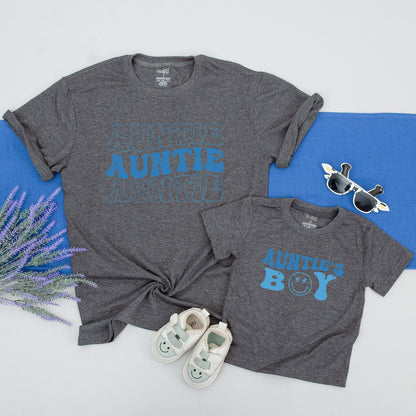 Personalized Matching Auntie and Auntie's Boy Shirts Blue Bubbly Retro Style Nephew Toddler Gift Outfit with Playful Smiley Lightning Design
