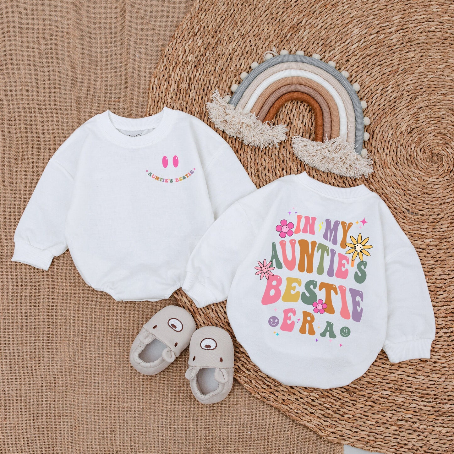 In My Auntie's Bestie Era Romper, a sweet newborn baby bodysuit perfect as a gift from aunt or for a pregnancy announcement.