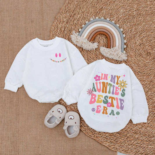 In My Auntie's Bestie Era Romper, a sweet newborn baby bodysuit perfect as a gift from aunt or for a pregnancy announcement.