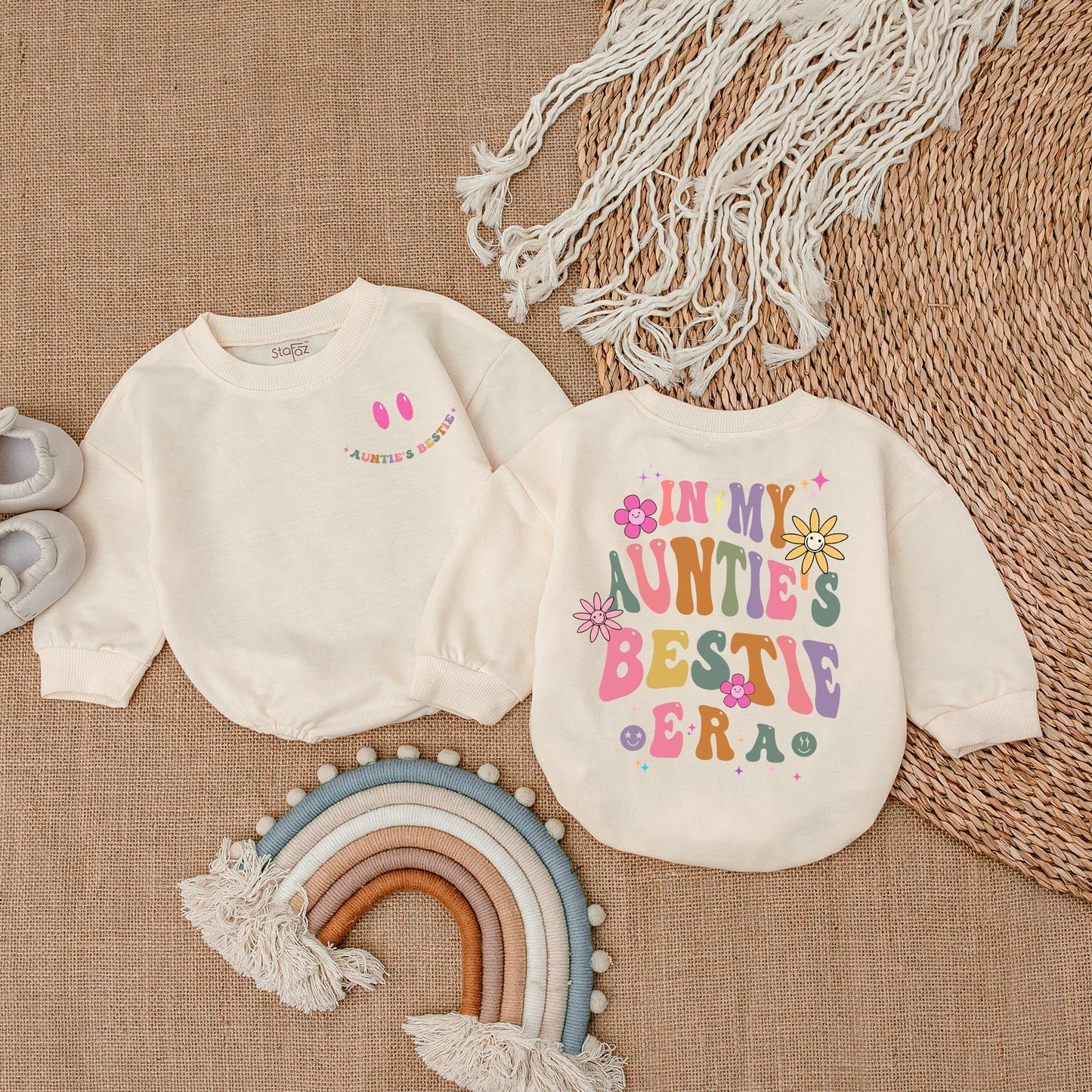 In My Auntie's Bestie Era Romper, a sweet newborn baby bodysuit perfect as a gift from aunt or for a pregnancy announcement.