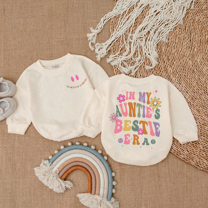 In My Auntie's Bestie Era Romper, a sweet newborn baby bodysuit perfect as a gift from aunt or for a pregnancy announcement.