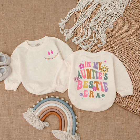 In My Auntie's Bestie Era Romper, a sweet newborn baby bodysuit perfect as a gift from aunt or for a pregnancy announcement.