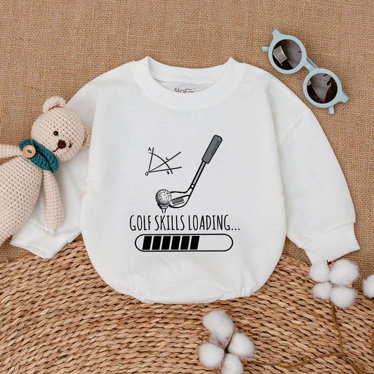 Funny Golf Skills Loading Baby Boy Romper Cute Golfing Bodysuit Newborn Bubble Outfit Soft Cotton Baby Shower Gift Future Golfer Athletic Design