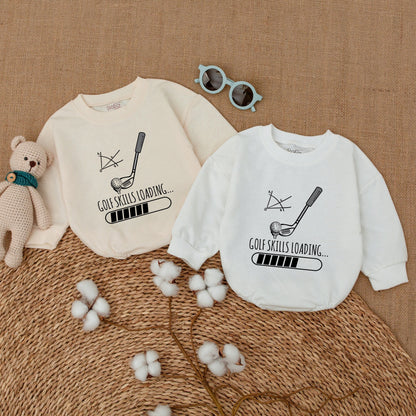 Funny Golf Skills Loading Baby Boy Romper Cute Golfing Bodysuit Newborn Bubble Outfit Soft Cotton Baby Shower Gift Future Golfer Athletic Design