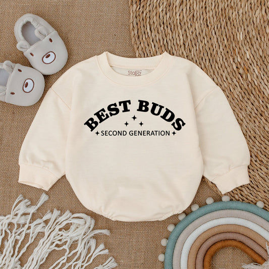 Best Buds Second Generation Romper Baby Matching Outfit Black Text Star Design Baby Girl Gift Newborn Announcement