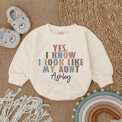 Custom Auntie Baby Romper "I Look Like My Aunt" Modern Playful Text Ashley Pink Green Teal Newborn Infant Gift Pregnancy Announcement Clothes
