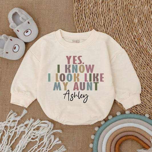 Custom Auntie Baby Romper "I Look Like My Aunt" Modern Playful Text Ashley Pink Green Teal Newborn Infant Gift Pregnancy Announcement Clothes