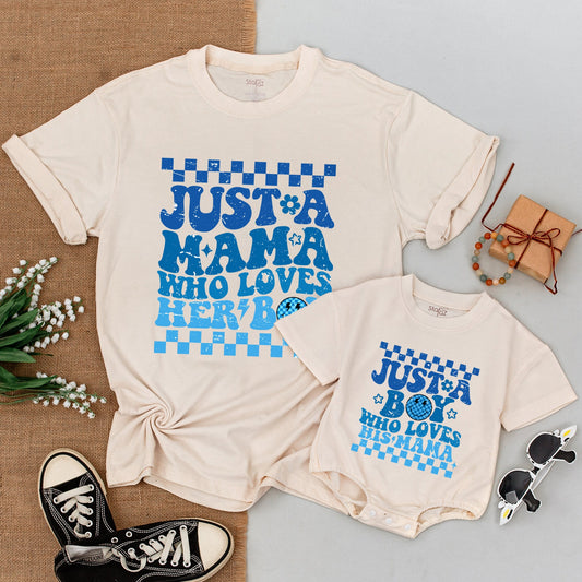Mama and Son Matching Retro Blue Checkerboard Shirts Mamas Boy Outfits First Mother Day Baby Bodysuit Playful Distressed Star Flower