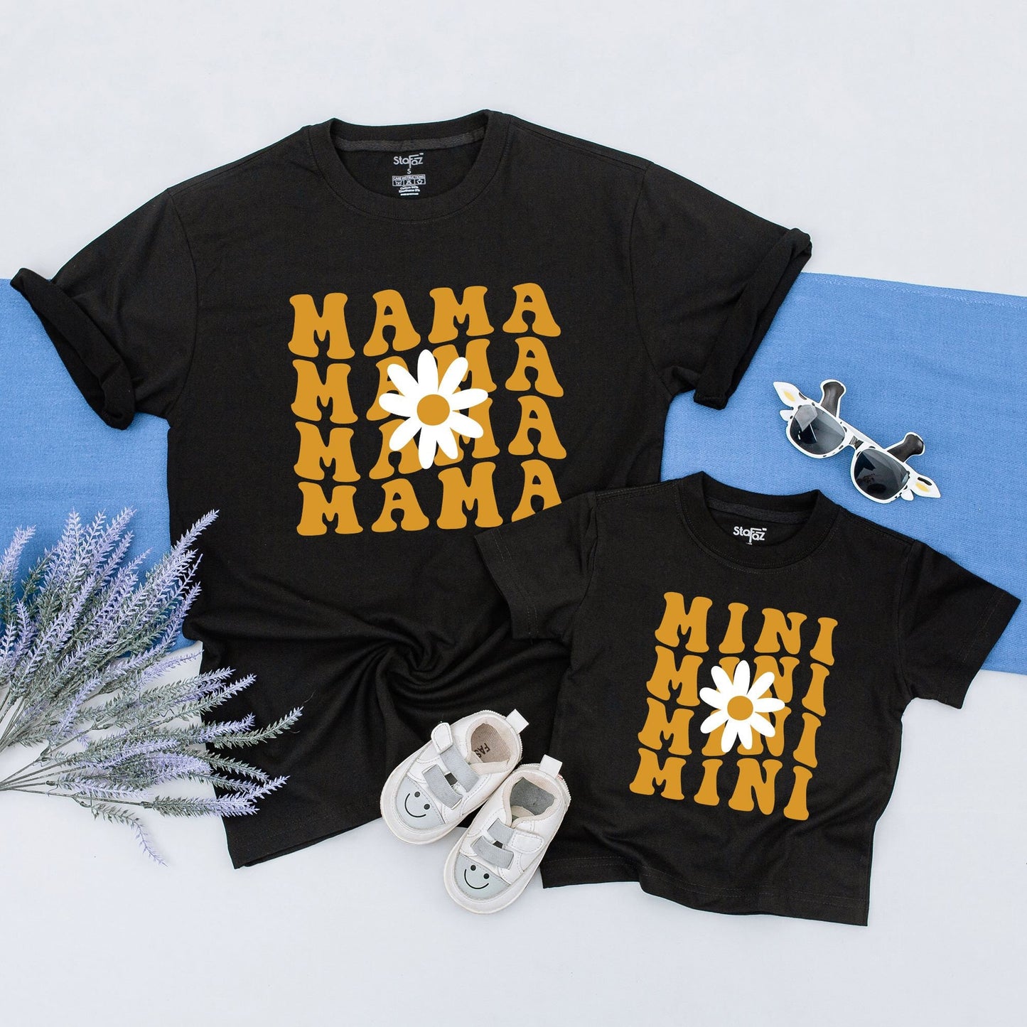 Mama Mini Daisy Matching Shirts Retro Golden Yellow 70s Floral Mom Daughter Baby Outfit Set Comfortable Soft Cotton