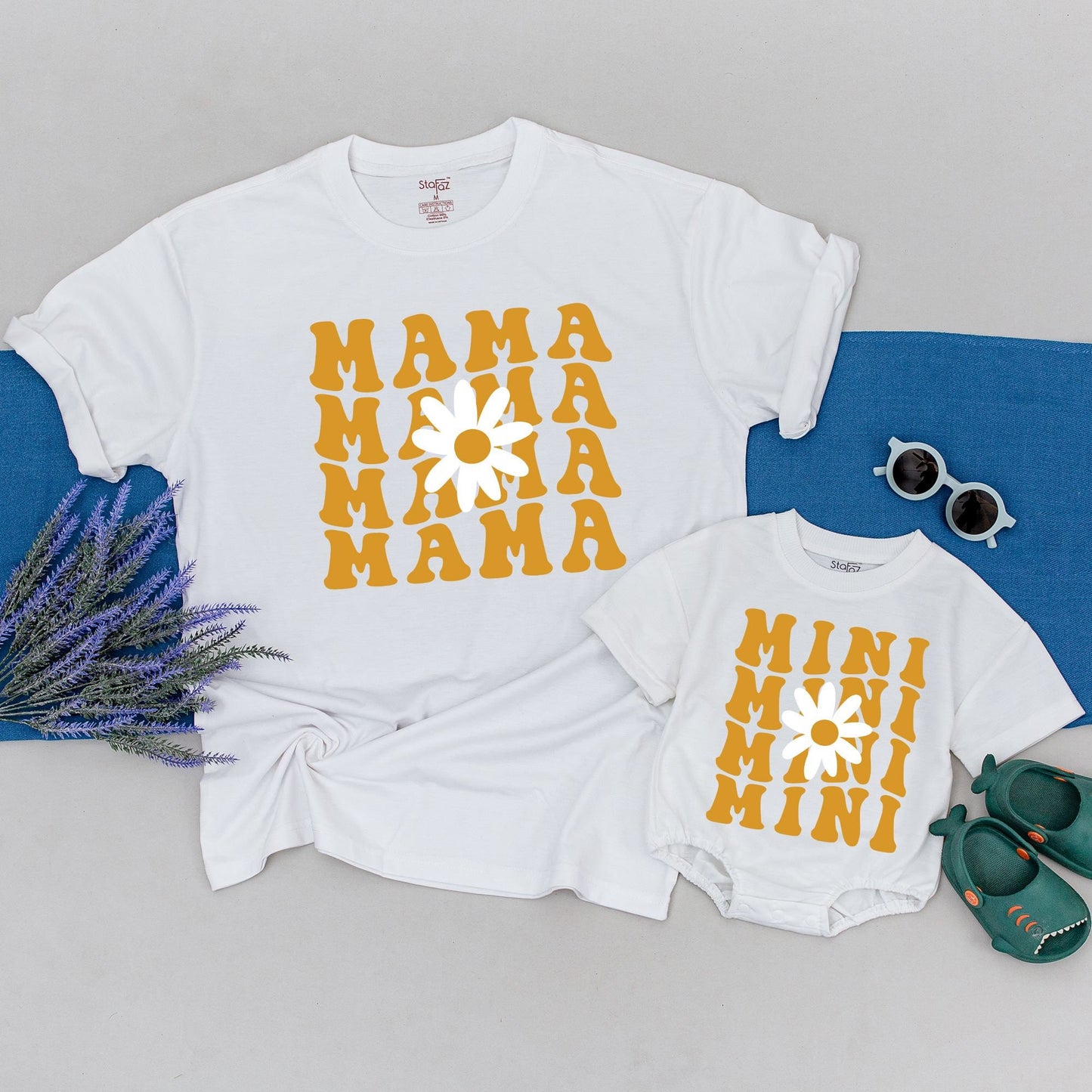 Mama Mini Daisy Matching Shirts Retro Golden Yellow 70s Floral Mom Daughter Baby Outfit Set Comfortable Soft Cotton