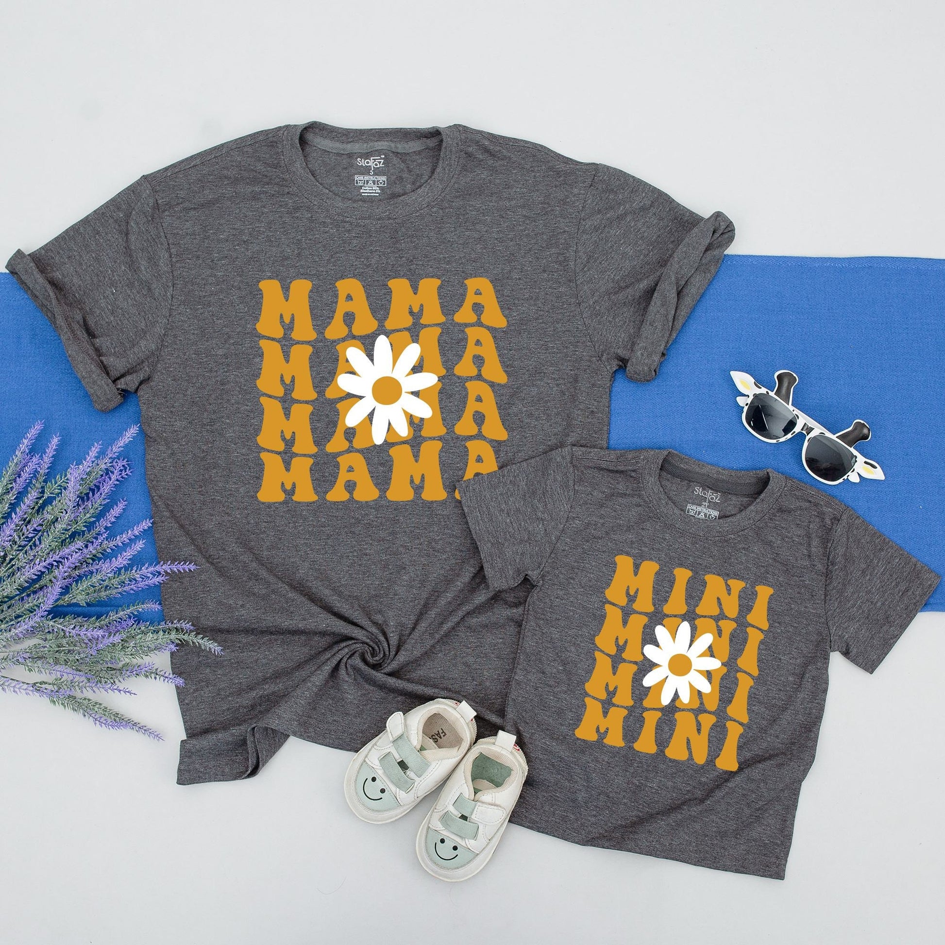 Mama Mini Daisy Matching Shirts Retro Golden Yellow 70s Floral Mom Daughter Baby Outfit Set Comfortable Soft Cotton