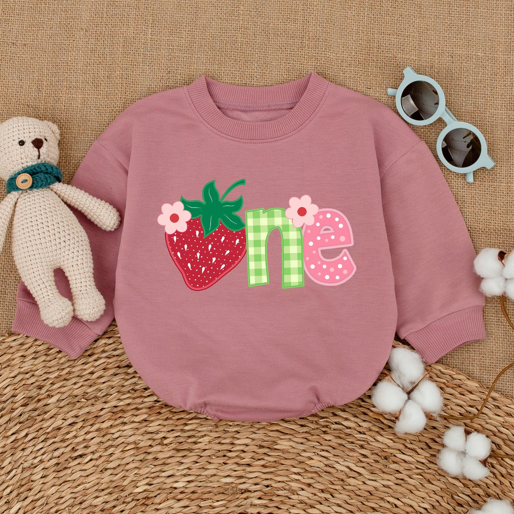 Baby Girl Sweet One Strawberry First Birthday Bubble Romper Smash Cake Outfit with Playful Berry Gingham Polka Dot Floral Design