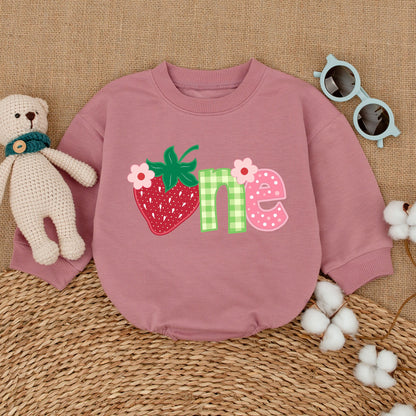Baby Girl Sweet One Strawberry First Birthday Bubble Romper Smash Cake Outfit with Playful Berry Gingham Polka Dot Floral Design