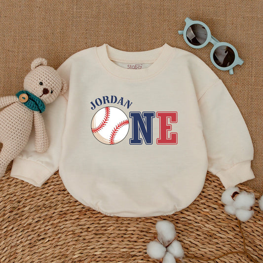 Jordan's 1st Birthday Baseball Romper Baby Boy Outfit Red Navy One Bodysuit Celebration Clothes