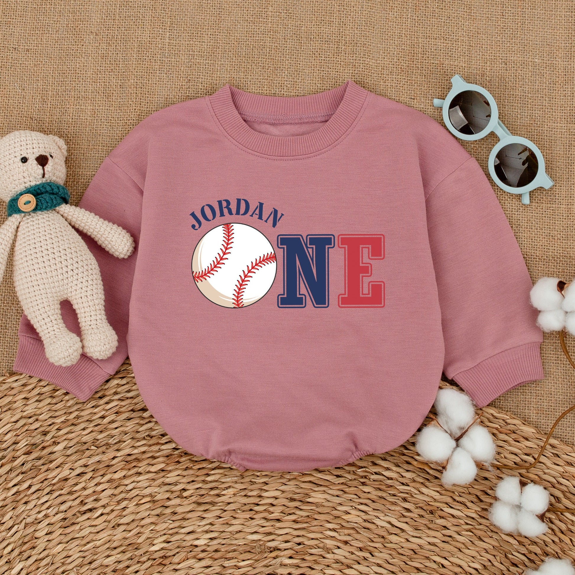 Jordan's 1st Birthday Baseball Romper Baby Boy Outfit Red Navy One Bodysuit Celebration Clothes