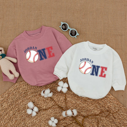 Jordan's 1st Birthday Baseball Romper Baby Boy Outfit Red Navy One Bodysuit Celebration Clothes