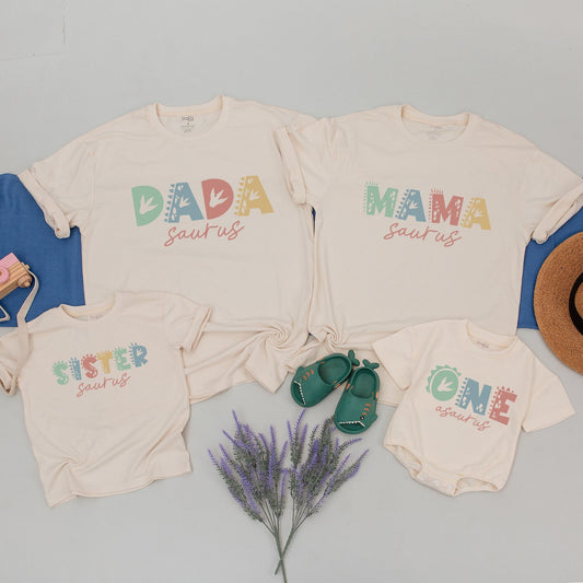 Custom Dinosaur Family Matching Birthday Shirts Saurus Names Playful Cartoon Dino Kids Toddler Soft Cotton Outfits Green Blue Yellow Design