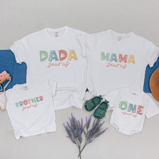 Custom Dinosaur Family Matching Birthday Shirts Saurus Names Playful Cartoon Dino Kids Toddler Soft Cotton Outfits Green Blue Yellow Design
