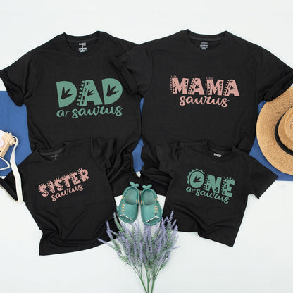 Custom Family Dinosaur Birthday Party Shirts featuring Prehistoric Font Scales and Footprints for Matching Dino Outfits Sage Green Salmon Pink