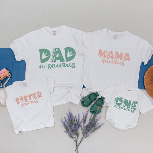 Custom Family Dinosaur Birthday Party Shirts featuring Prehistoric Font Scales and Footprints for Matching Dino Outfits Sage Green Salmon Pink