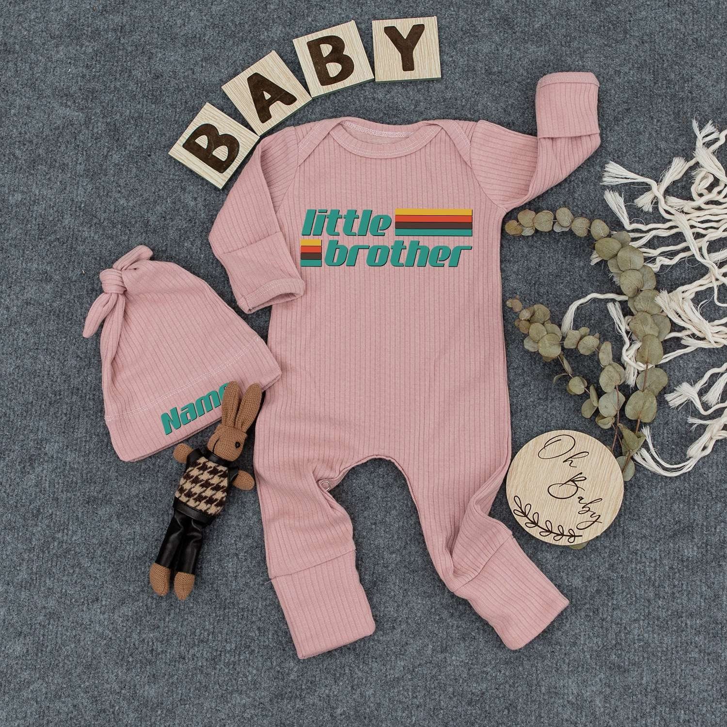 Custom Little Brother Bodysuit Retro Vintage Baby Boy Romper Outfit Mustard Red Teal Green Blocky Font New Baby Gift Going Home Keepsake