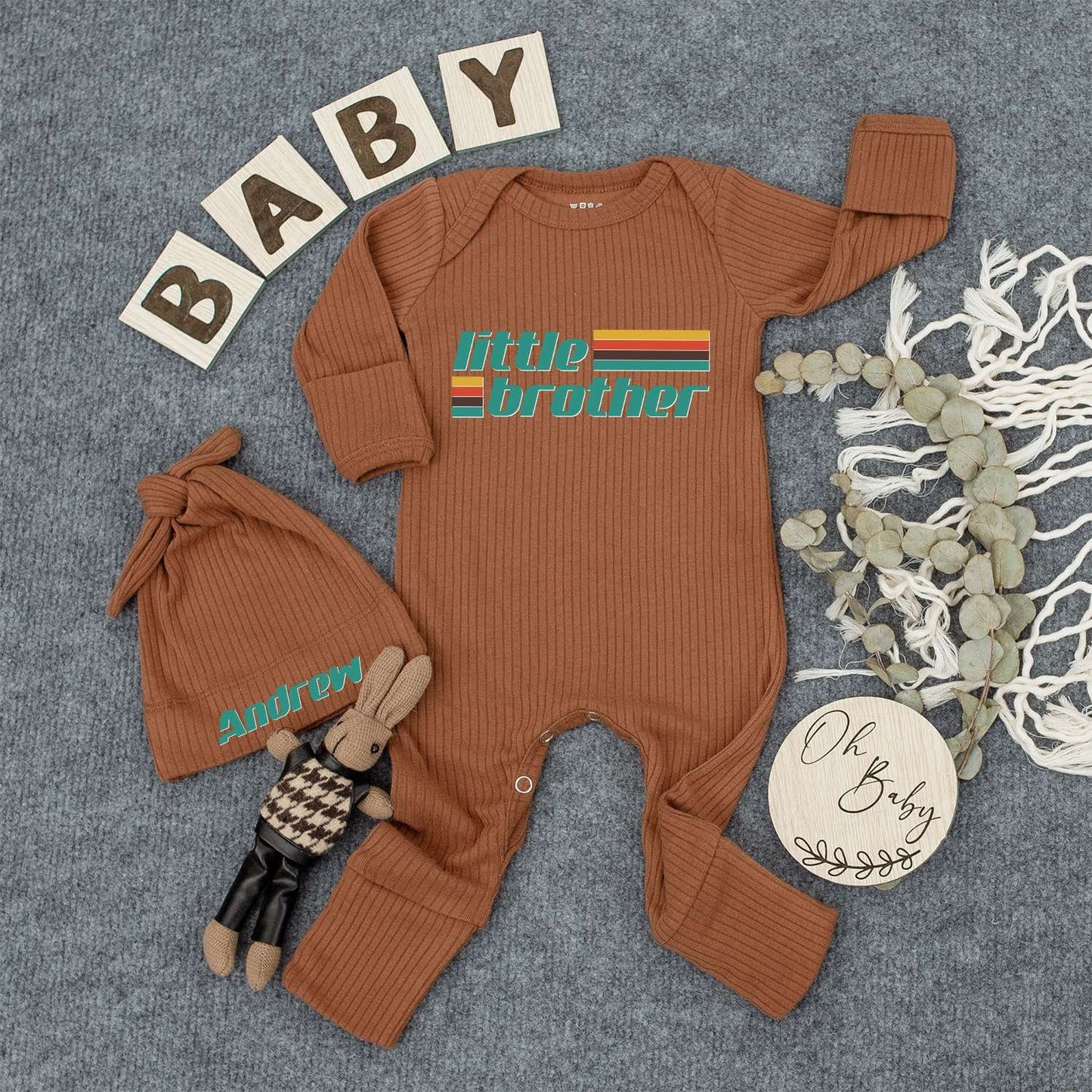 Custom Little Brother Bodysuit Retro Vintage Baby Boy Romper Outfit Mustard Red Teal Green Blocky Font New Baby Gift Going Home Keepsake