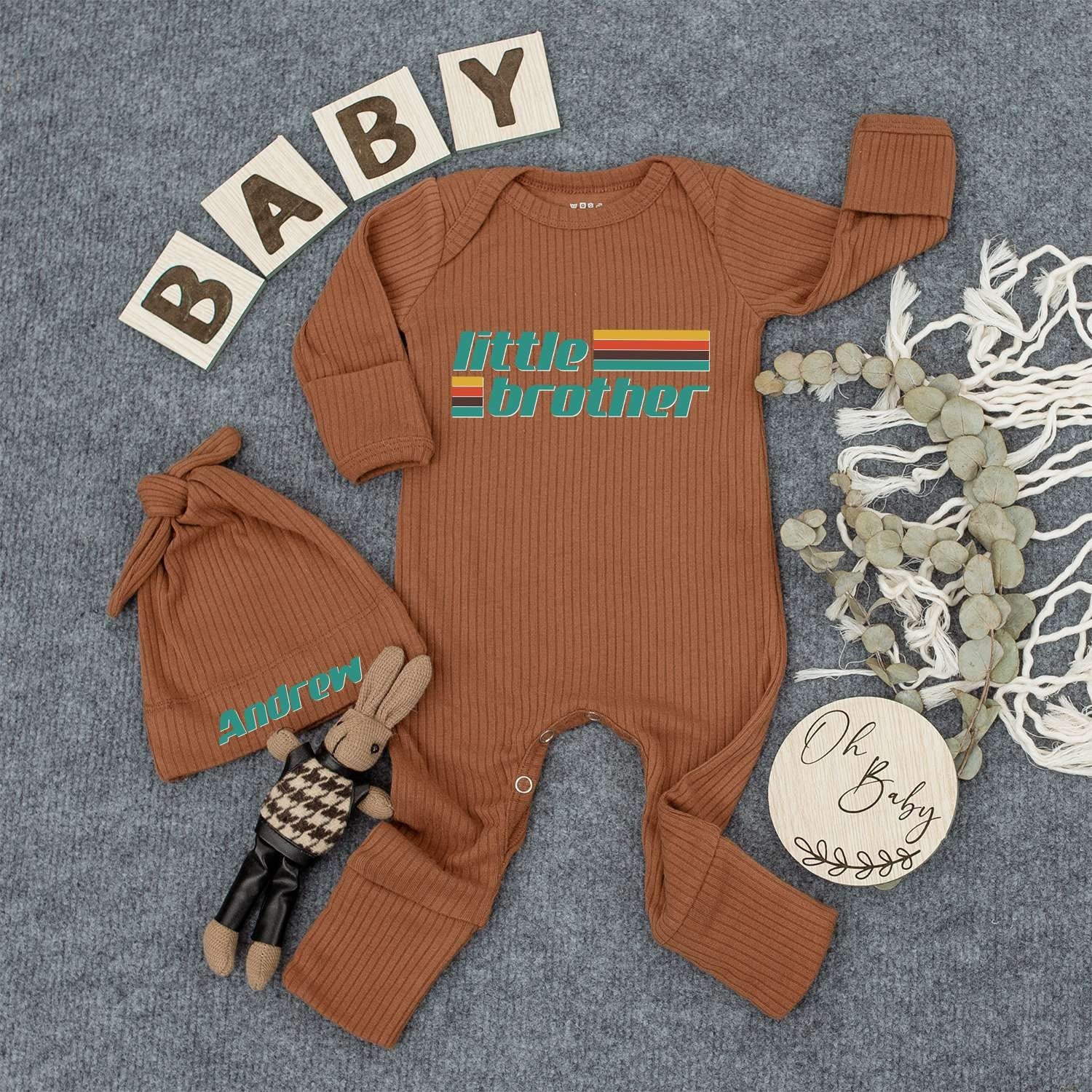 Custom Little Brother Bodysuit Retro Vintage Baby Boy Romper Outfit Mustard Red Teal Green Blocky Font New Baby Gift Going Home Keepsake