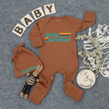 Custom Little Brother Bodysuit Retro Vintage Baby Boy Romper Outfit Mustard Red Teal Green Blocky Font New Baby Gift Going Home Keepsake
