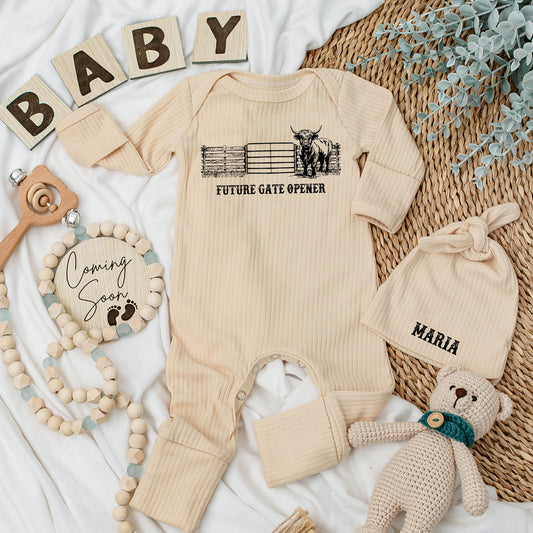 Highland Cow Western Baby Bodysuit and Hat Set Future Gate Opener Newborn Infant Boy Coming Home Gift Maria Hat Long Sleeve Rustic Baby Shower