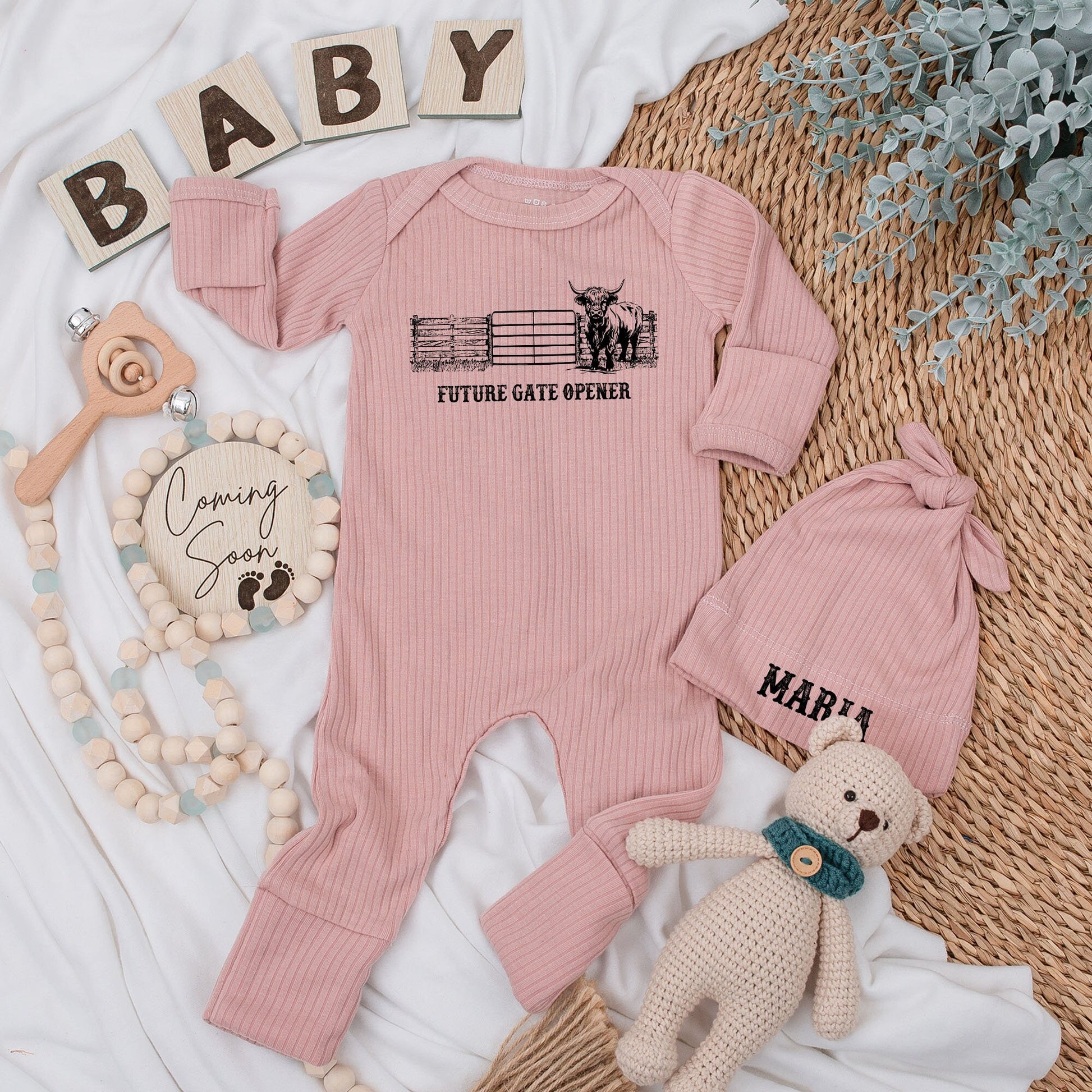 Highland Cow Western Baby Bodysuit and Hat Set Future Gate Opener Newborn Infant Boy Coming Home Gift Maria Hat Long Sleeve Rustic Baby Shower