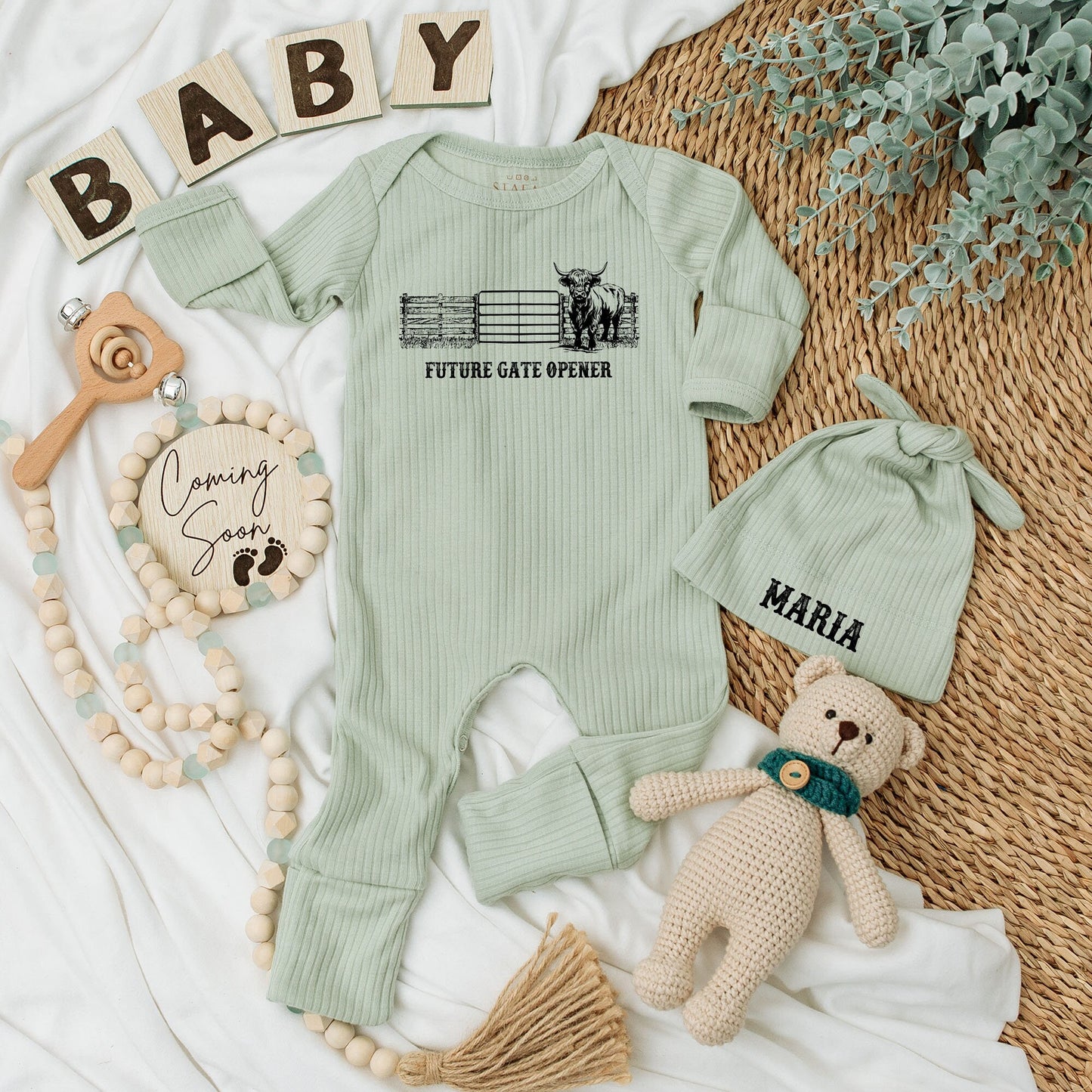 Highland Cow Western Baby Bodysuit and Hat Set Future Gate Opener Newborn Infant Boy Coming Home Gift Maria Hat Long Sleeve Rustic Baby Shower