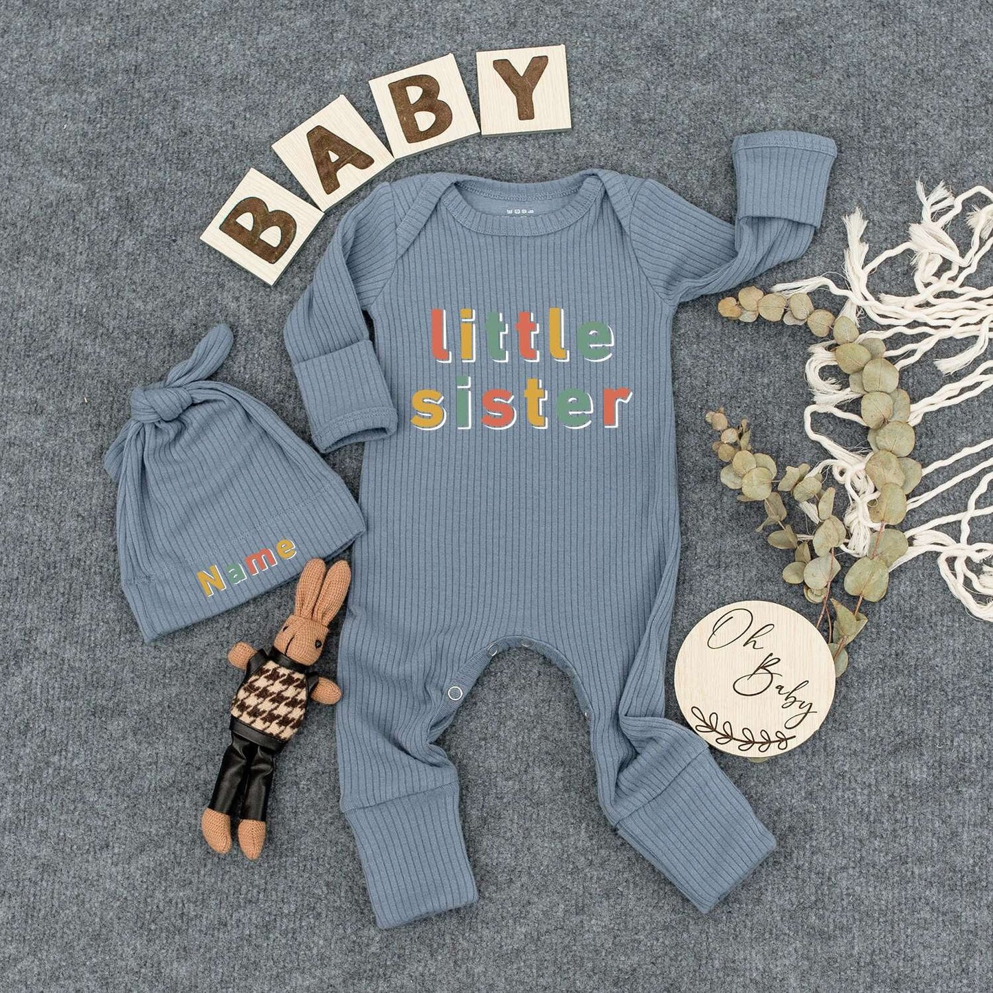 Custom Little Sister Bodysuit & Sophia Beanie Retro Vintage Baby Sleepsuit Outfit Cute Girl Going Home Gift Keepsake Funny Clothes
