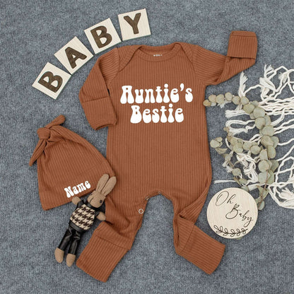 Personalized Auntie's Bestie Baby Bodysuit Retro Font Newborn Gift Outfit Cute Best Friend Sleepsuit Going Home Outfit New Aunt Gift