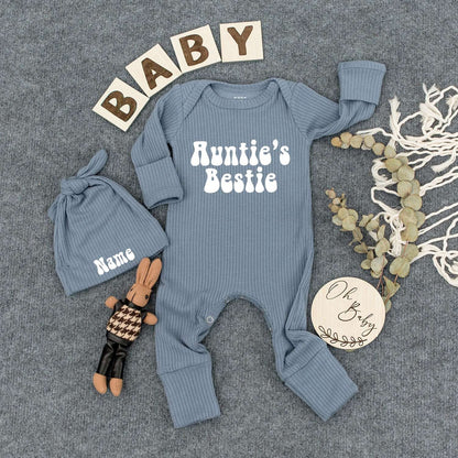 Personalized Auntie's Bestie Baby Bodysuit Retro Font Newborn Gift Outfit Cute Best Friend Sleepsuit Going Home Outfit New Aunt Gift