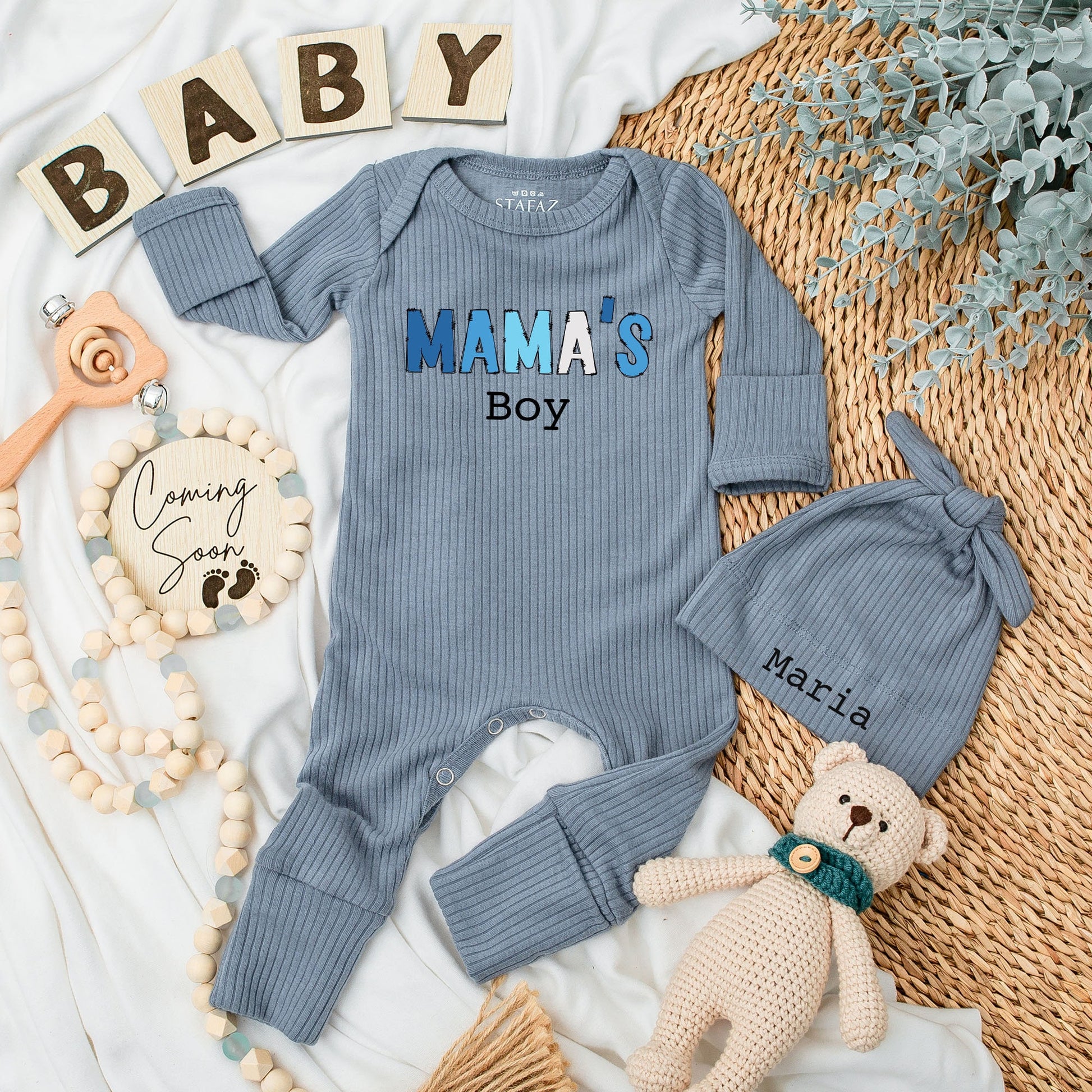 Mama's Boy Baby Bodysuit and Hat Set Long Sleeve Newborn Infant Coming Home Outfit Cozy Baby Shower Gift Announcement for Little Boys