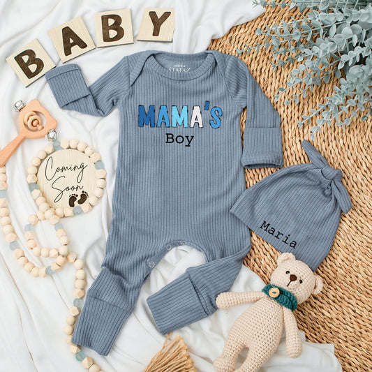 Mama's Boy Baby Bodysuit and Hat Set Long Sleeve Newborn Infant Coming Home Outfit Cozy Baby Shower Gift Announcement for Little Boys