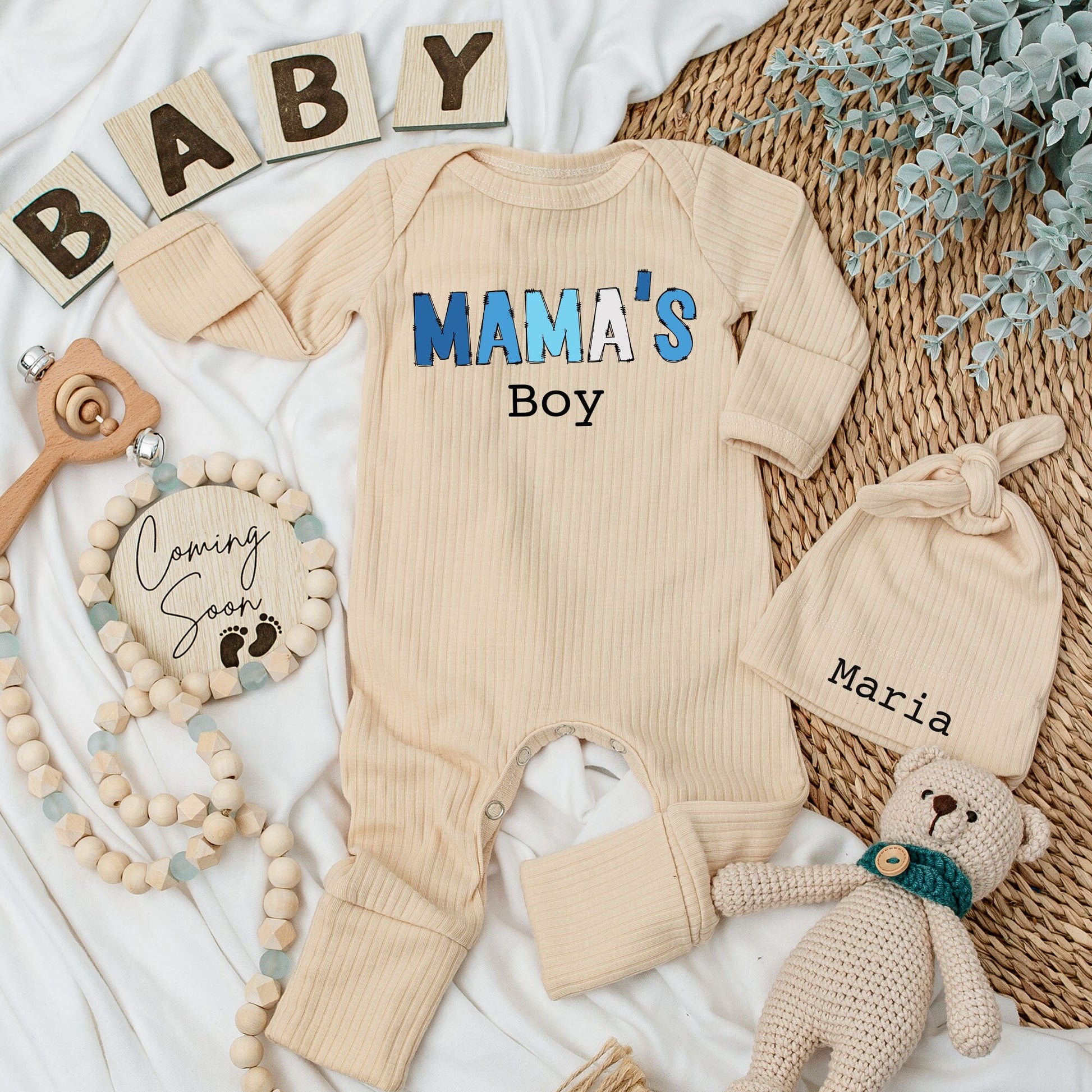 Mama's Boy Baby Bodysuit and Hat Set Long Sleeve Newborn Infant Coming Home Outfit Cozy Baby Shower Gift Announcement for Little Boys