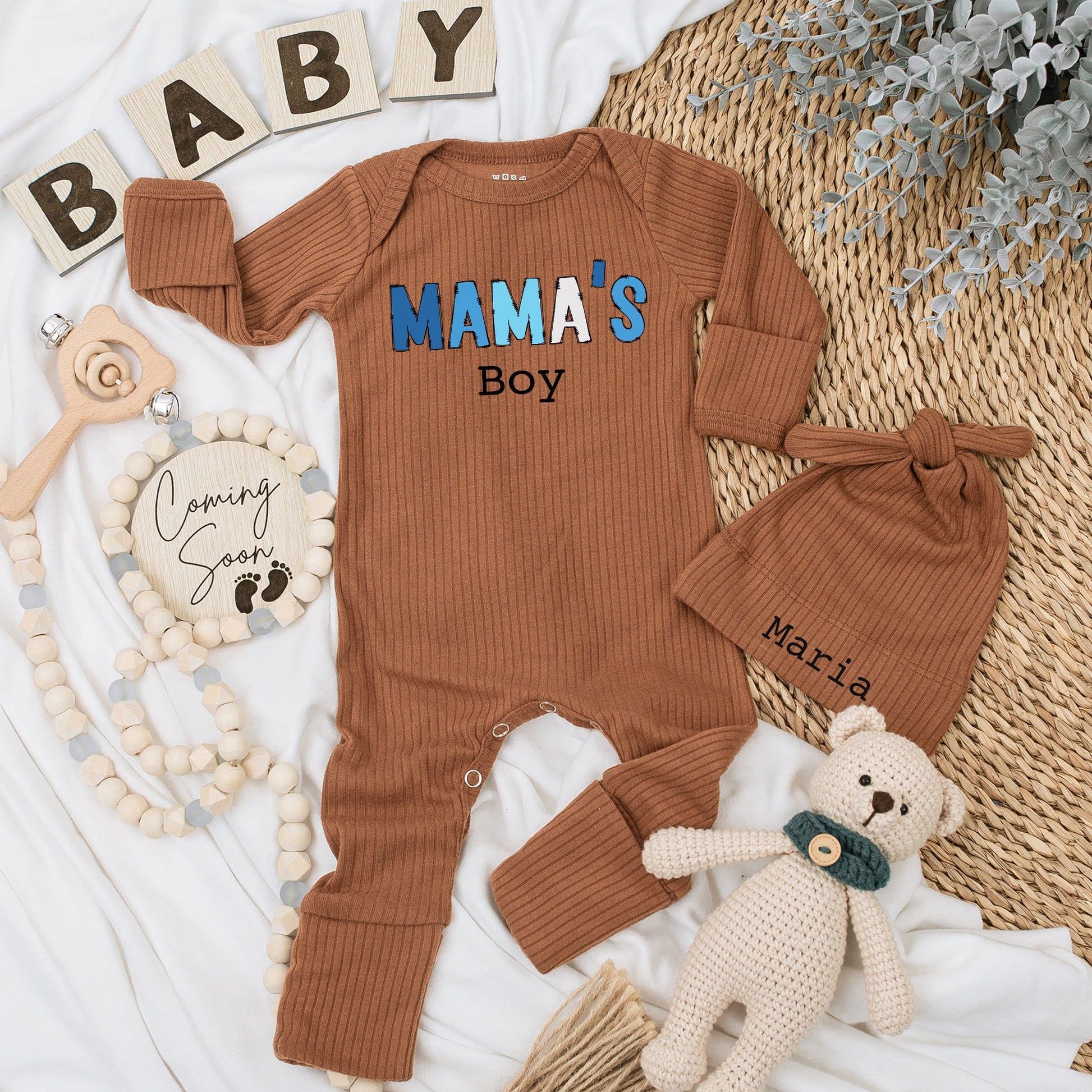 Mama's Boy Baby Bodysuit and Hat Set Long Sleeve Newborn Infant Coming Home Outfit Cozy Baby Shower Gift Announcement for Little Boys