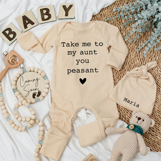 Personalized 'Take Me To My Aunt You Peasant' Baby Bodysuit & Hat Set, Custom Maria Hat, Funny Newborn Infant Gift, Vintage Minimalist Coming Home Outfit