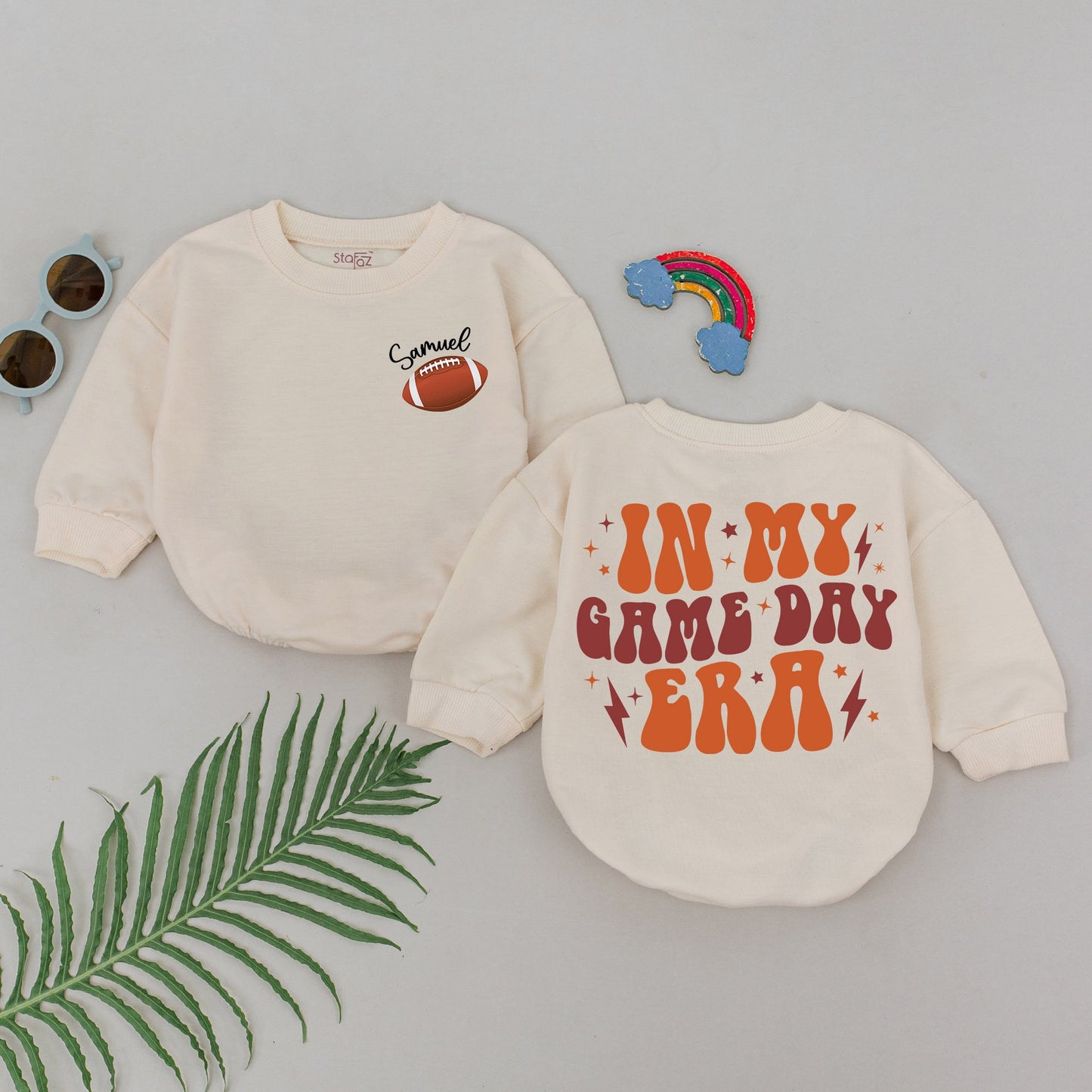 Personalized In My Game Day Era Retro Football Baby Boy Romper Outfit Natural Bubble Gameday Season Newborn Baby Shower Gift