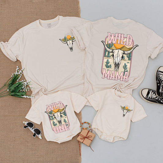 Wild One 1st Birthday Western Outfit Baby Girl Rodeo Bodysuit, Mommy and Me Shirts with Steer Skull, Cactus, Desert Sun Graphics
