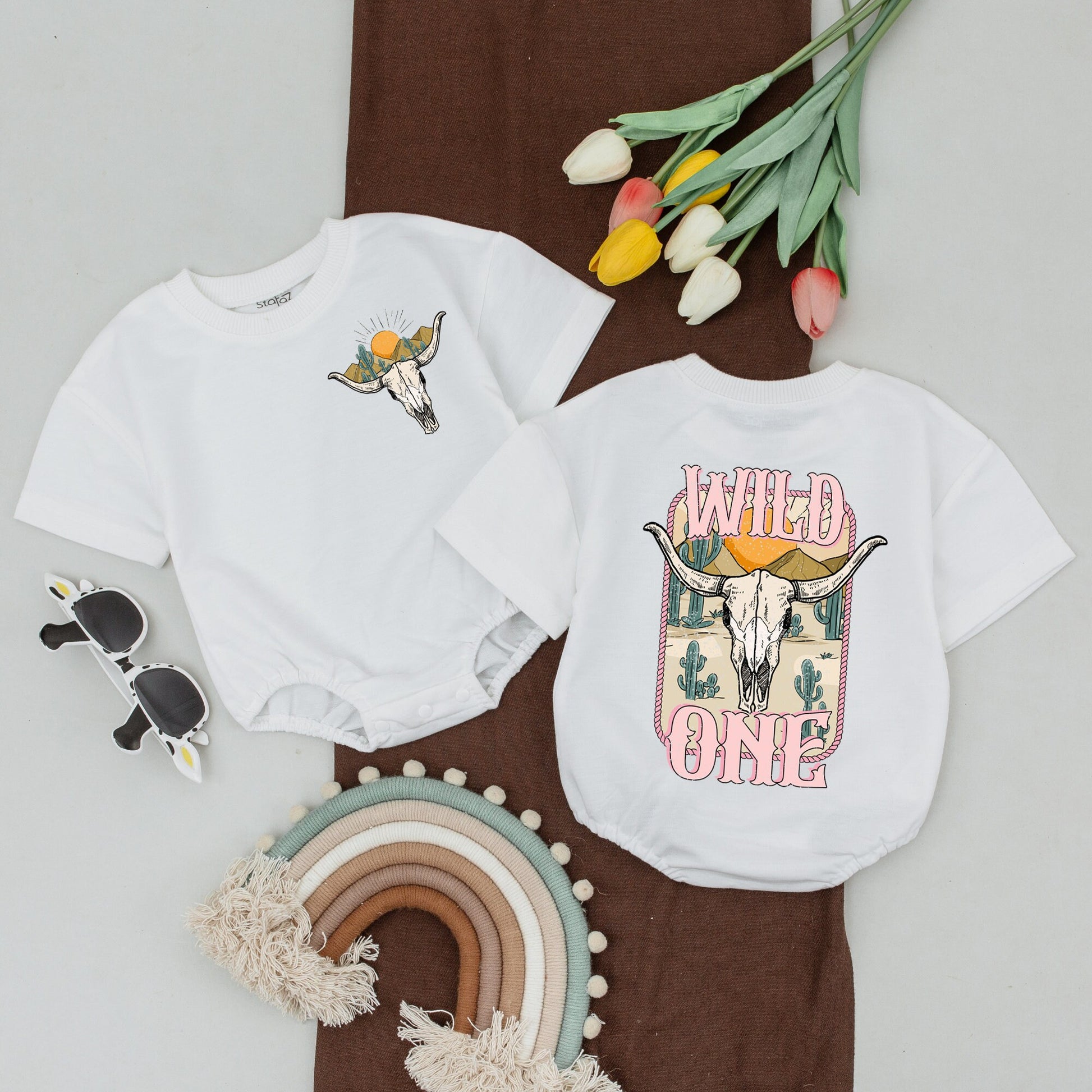 Wild One 1st Birthday Western Outfit Baby Girl Rodeo Bodysuit, Mommy and Me Shirts with Steer Skull, Cactus, Desert Sun Graphics