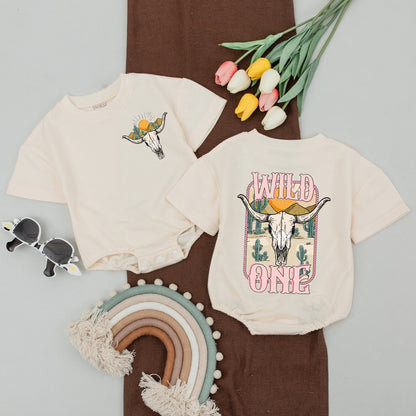 Wild One 1st Birthday Western Outfit Baby Girl Rodeo Bodysuit, Mommy and Me Shirts with Steer Skull, Cactus, Desert Sun Graphics